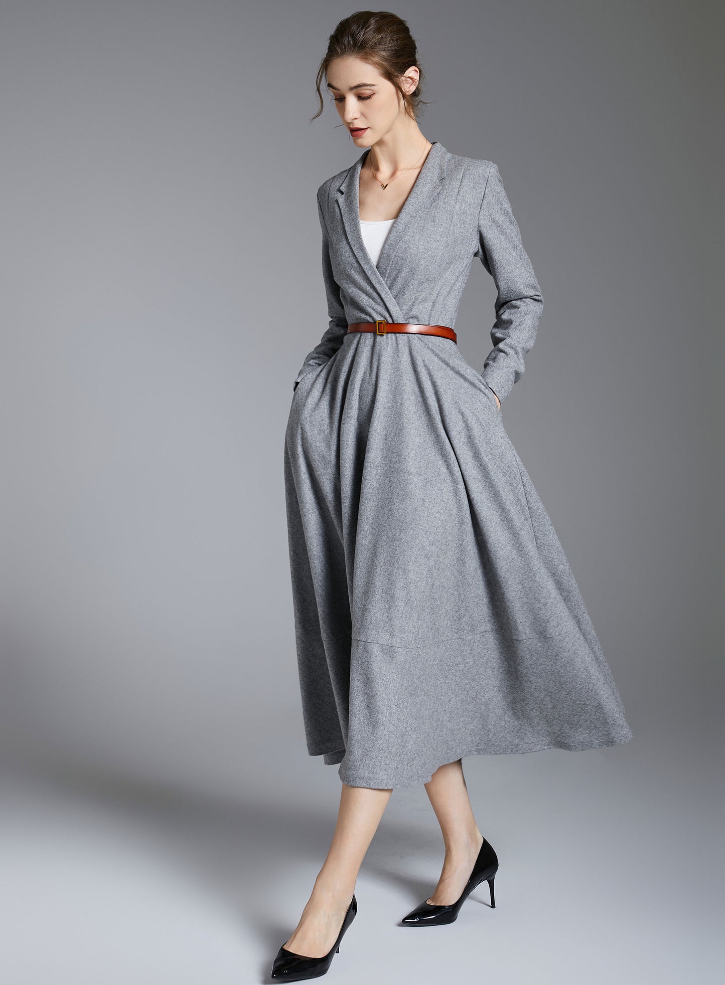 Elegant Grey Wool V-Neck Dress – Long Sleeve Winter Midi Dress 3887