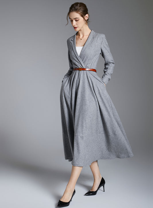 Elegant Grey Wool V-Neck Dress – Long Sleeve Winter Midi Dress 3887