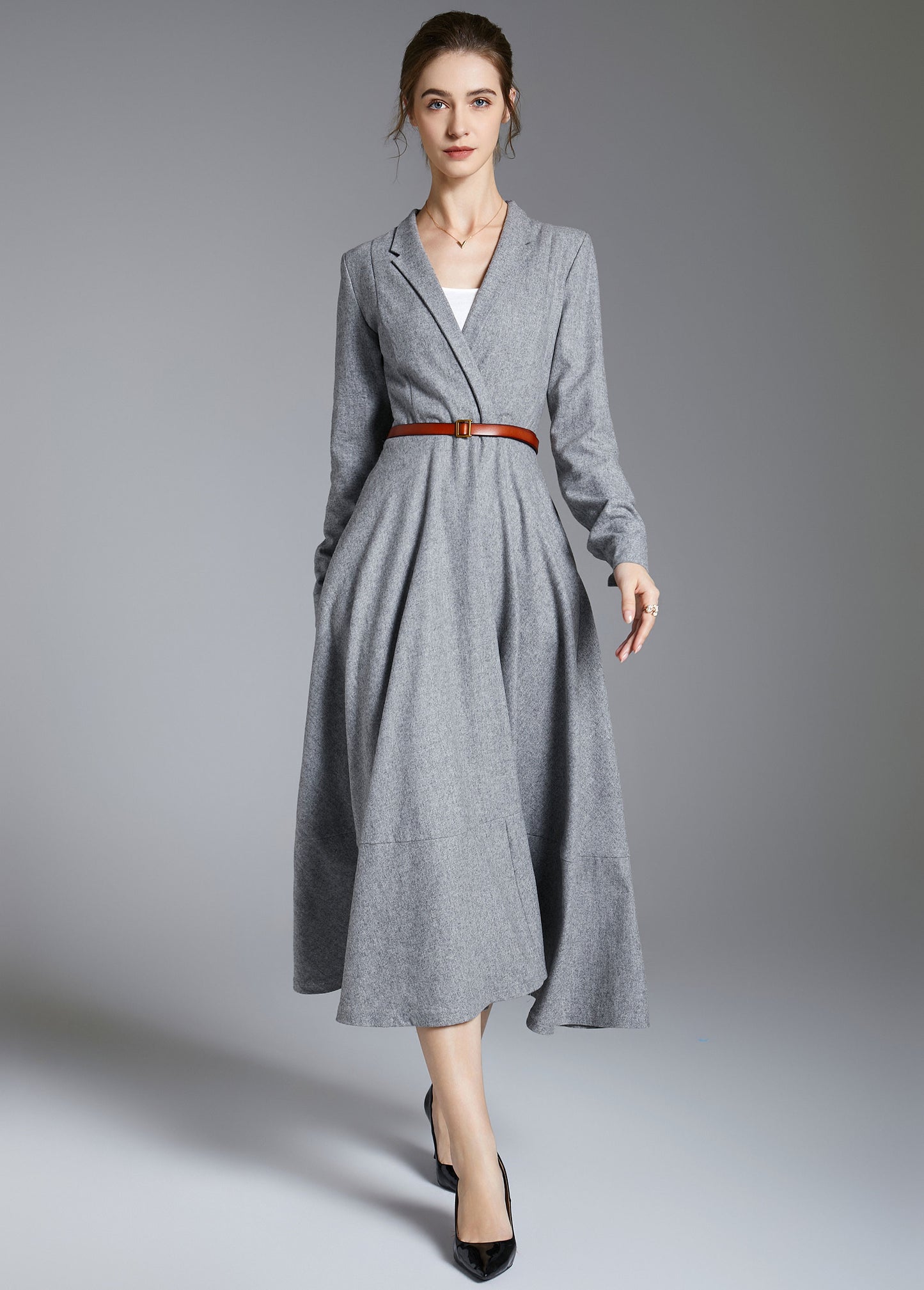 Elegant Grey Wool V-Neck Dress – Long Sleeve Winter Midi Dress 3887