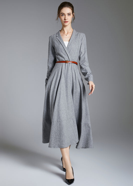 Elegant Grey Wool V-Neck Dress – Long Sleeve Winter Midi Dress 3887