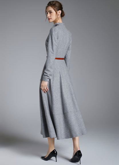 Elegant Grey Wool V-Neck Dress – Long Sleeve Winter Midi Dress 3887
