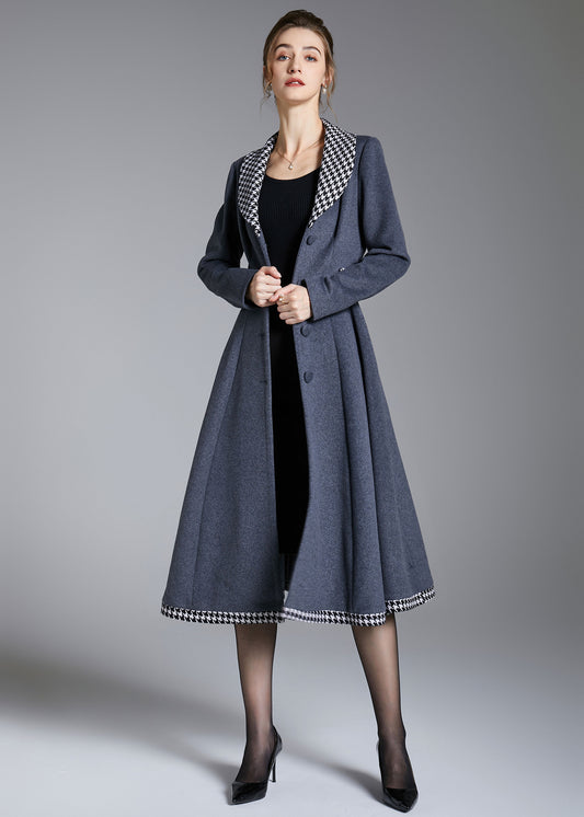Gray Wool Coat with Houndstooth Trim – Elegant Fit & Flare Winter Coat 3871