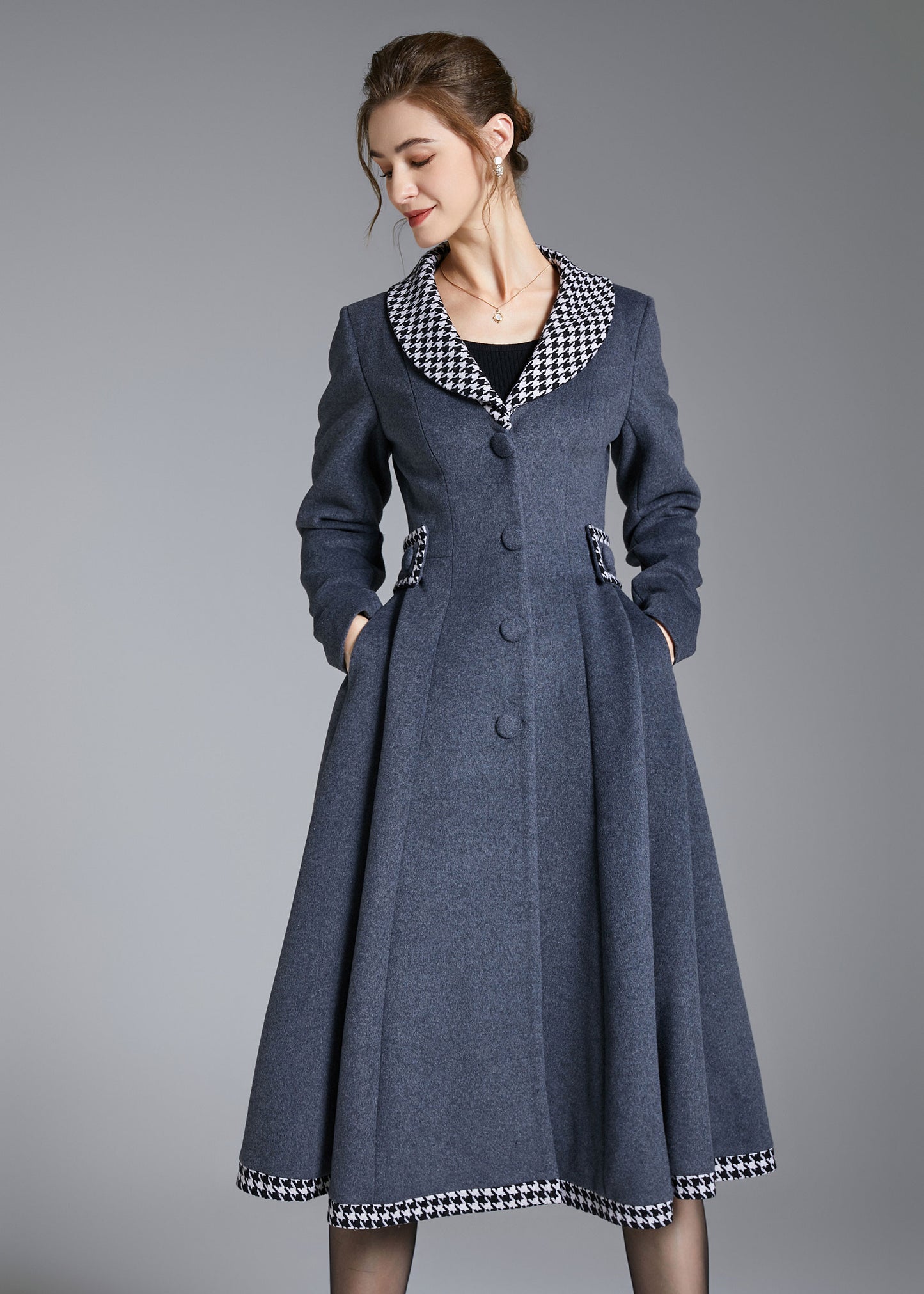 Gray Wool Coat with Houndstooth Trim – Elegant Fit & Flare Winter Coat 3871