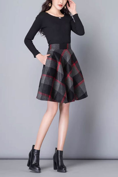 Black and Gray Wool A-Line Skirt - Short Winter Elegance 4655