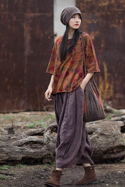 Purple Linen Cotton Bubble Pants - Loose Elastic Waist | Xiaolizi 4318