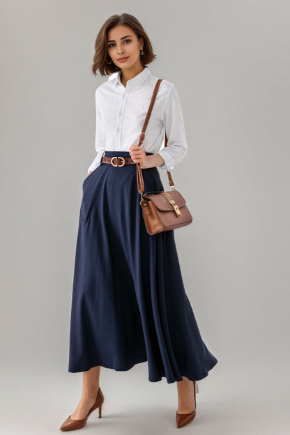 Handmade Cotton Blend A-Line Midi Skirt – Vintage High Waist Swing Skirt with Pockets 6302