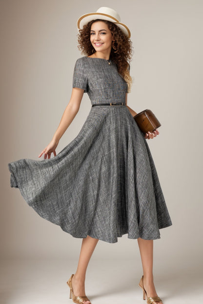Vintage Summer Linen Midi Dress – Fit and Flare Garden Party Dress 5068
