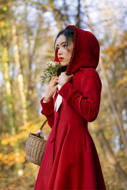 Elegant Red Wool Blend Hooded Winter Coat – Flared Midi Silhouette | Xiaolizi Outerwear 2497