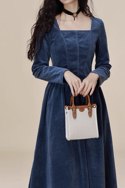 Blue Corduroy Midi Dress - Square Neckline, Long Sleeves 4809