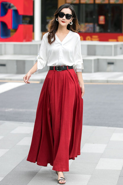 High Waisted A Line Swing Red Maxi Skirt 3537