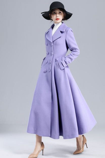 Light Purple Wool Fit-and-Flare Long Coat – Double-Breasted Elegant Silhouette | Xiaolizi 3232