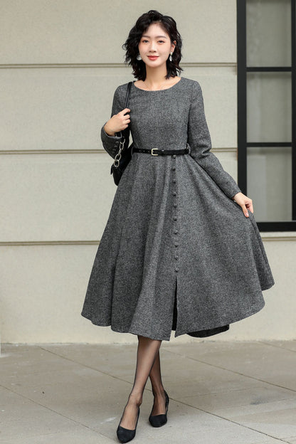 Grey Wool Midi Dress - Elegant A-Line Fit with Button Detail 6423