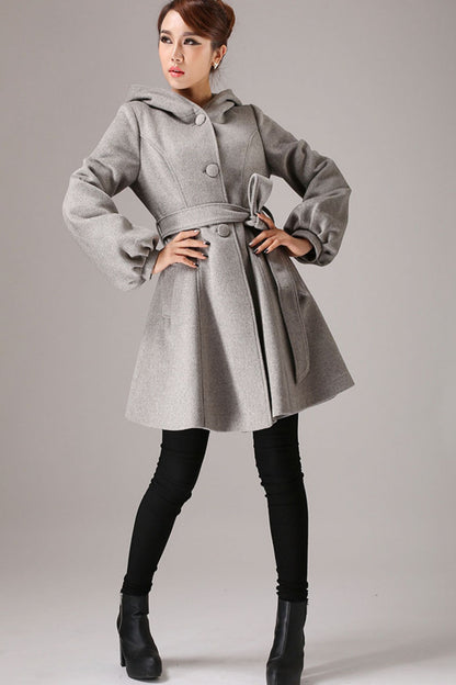 Gray Wool Coat with Lantern Sleeves - Hooded, Self Tie Belt Waist 759