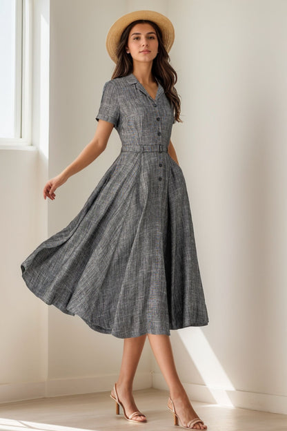 Linen Shirt Dress in Gray – Elegant Belted Swing Midi 5128
