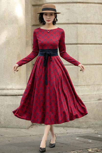 Xiaolizi Stretch Floral Belted Midi Dress – Long Sleeve with Pockets 5687 -XS #CK2500041