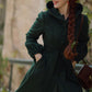 Long Dark Green Hooded Wool Coat 3870