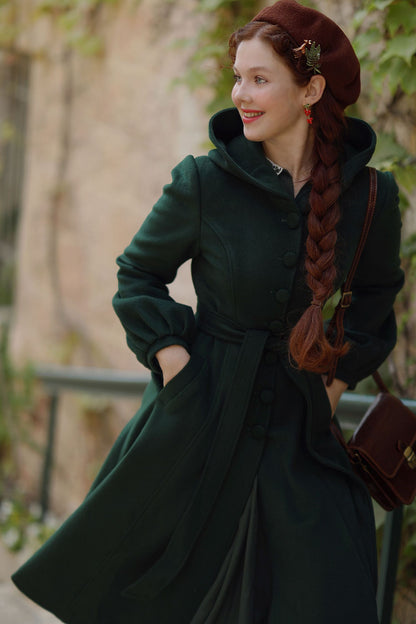 Dark Green Wool Blend Coat – Handmade Hooded Vintage Winter Elegance 3870
