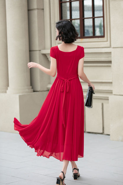 Red Chiffon Midi Dress - Fit and Flare with Sweetheart Neckline 5176