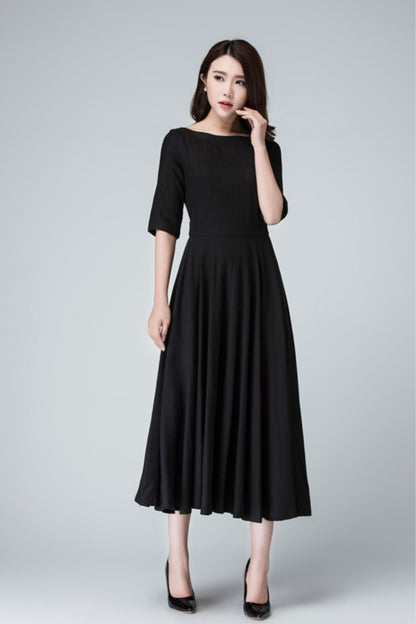 Black Linen Little Black Dress – Handmade Vintage Fit & Flare Midi Dress with Pockets | Xiaolizi 1458