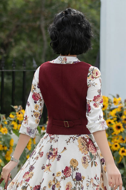 Vintage Style Tailored V-Neck Burgundy Linen Cropped Vest 6701