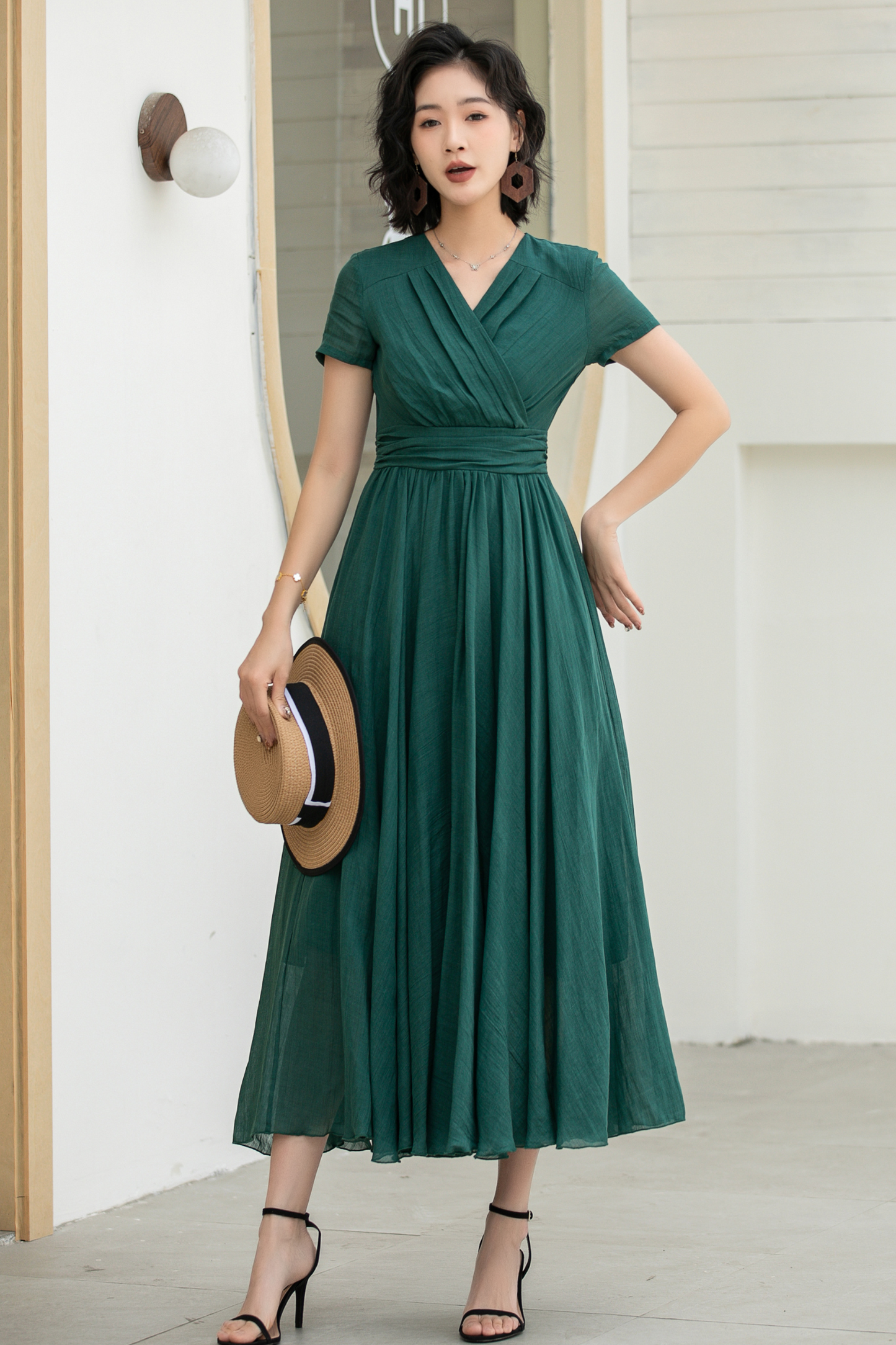 Green Maxi Pleated linen dress 5832
