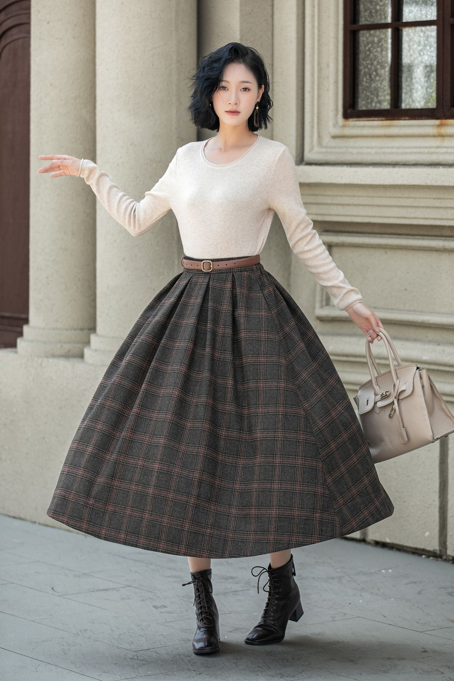 A line plaid midi winter wool skirt 5315