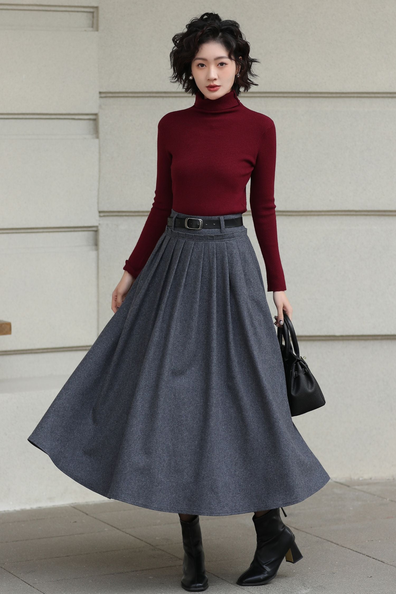 スカート CRANK Layered Wool Pleated Skirt_Gray Handmade Vintage Wool Skirt – Gray Pleated Midi Winter | Xiaolizi