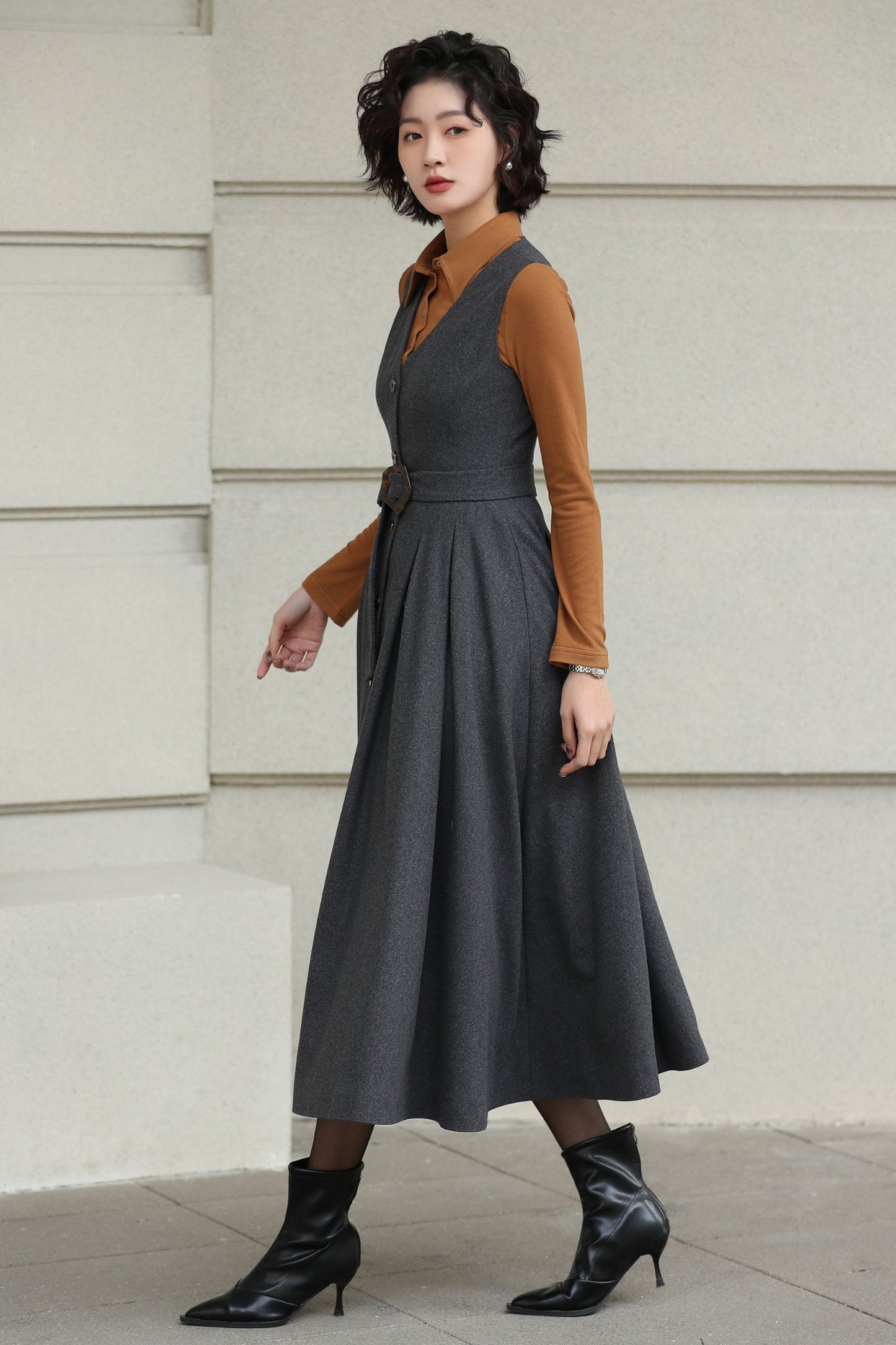 Gray Handmade Wool Pinafore Midi Dress – Vintage A-Line Style 6614