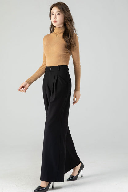 Black wide leg long wool pants women 4555