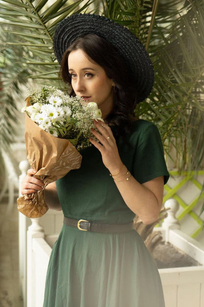 Vintage 1950s Short Sleeve Green Linen Midi Dress 3482