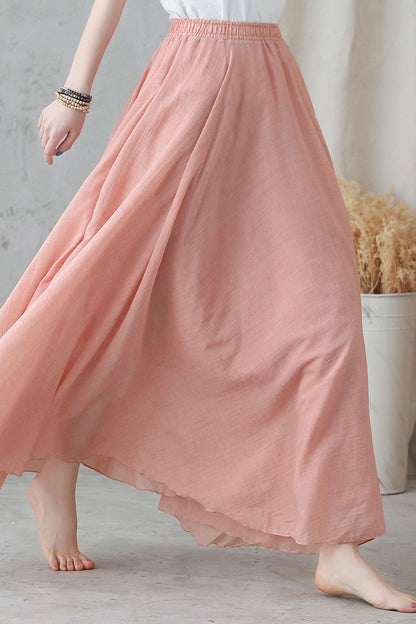 Pink Linen Maxi Skirt - Flowy Bohemian Circle Skirt 2745