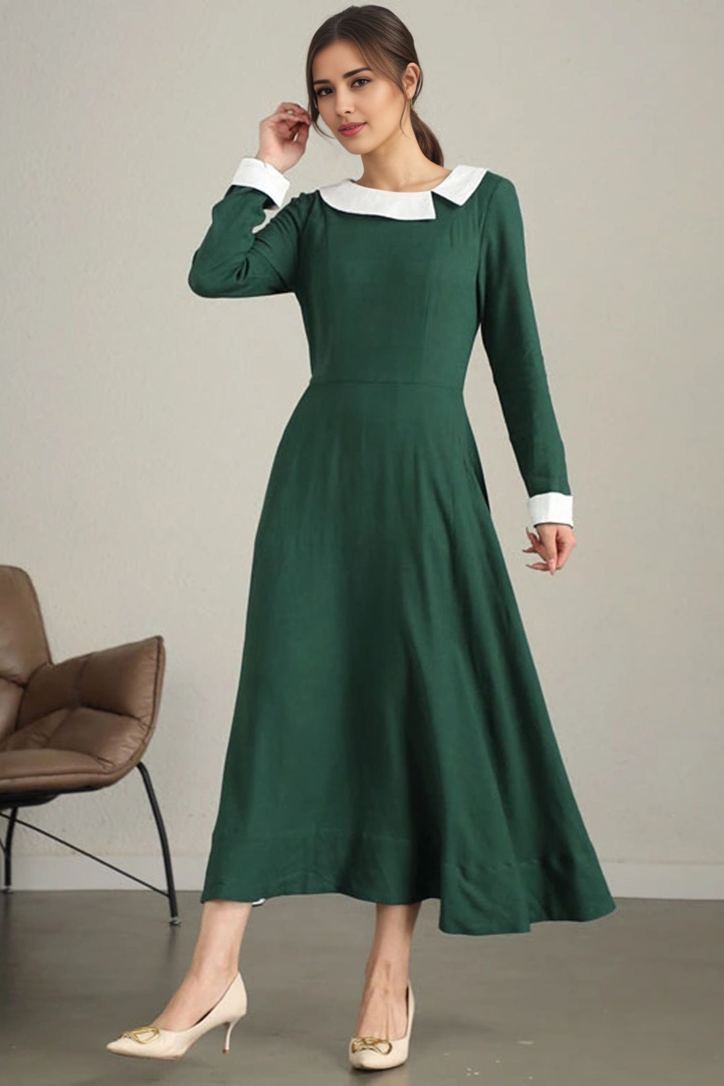 Xiaolizi Handmade Green Linen Maxi Dress – Vintage Long Sleeve A-Line Dress 6341