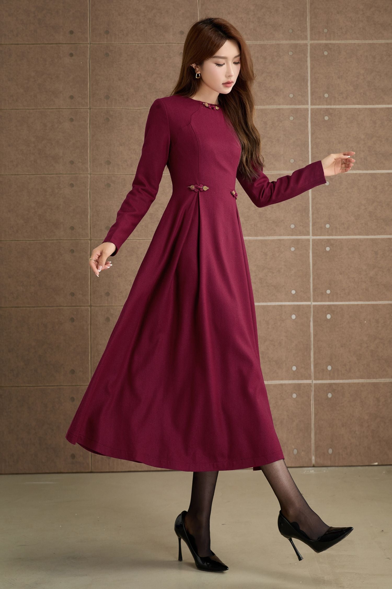 Burgundy Wool Midi Dress with Long Sleeves and Fit Flare Silhouette