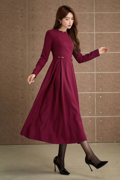 Burgundy Wool Midi Dress - Long Sleeves, Fit and Flare Silhouette 5358