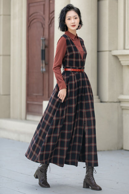 Fit and flare plaid pinafore wool dress women 5354