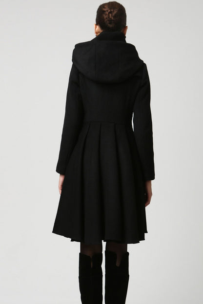 Vintage Black Wool Coat – Asymmetrical Hooded Overcoat for Autumn Winter 1121