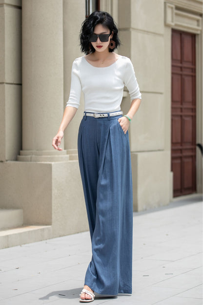 Womens elegant wide leg long linen pants 5254