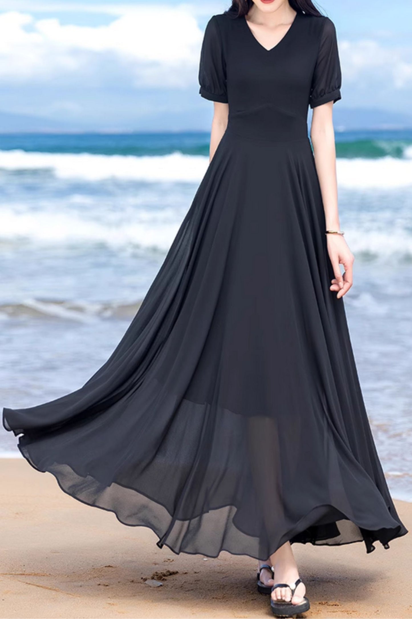 Fit and flare black maxi swing summer chiffon dress 5153