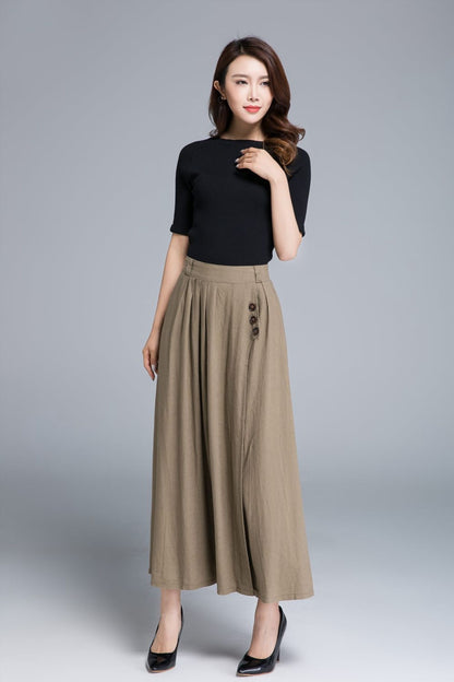 Khaki long maxi skirt with pleated and button detail 1671