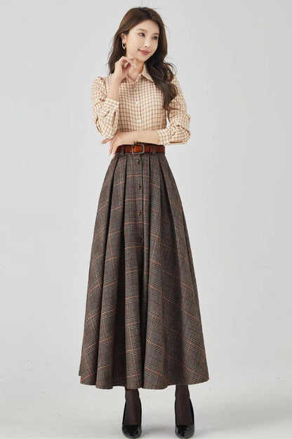 Plaid Wool Maxi Skirt – Handmade Brown Winter Full Skirt with Pockets | Xiaolizi  5251
