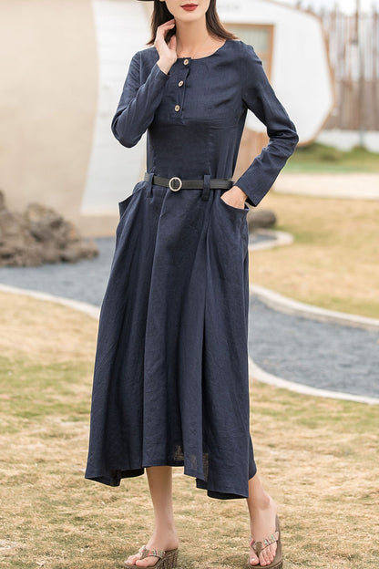 Long sleeves spring linen dress with pockets 2860