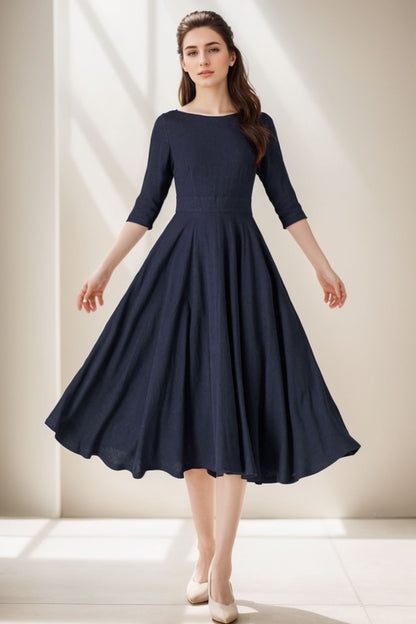 Navy Blue Linen Midi Dress Handmade Fit & Flare Everyday & Travel Dress | Xiaolizi Navy Blue Linen Midi Dress Handmade Fit & Flare Everyday & Travel Dress | Xiaolizi
