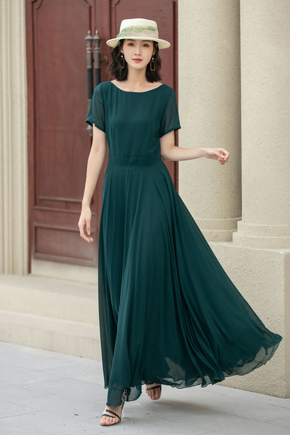 Fit and flare green summer chiffon dresses 5144