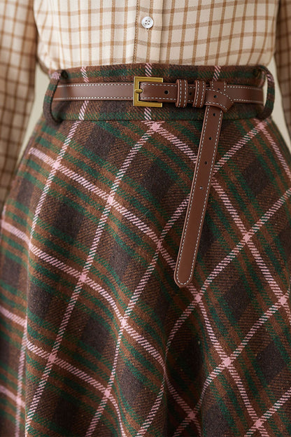 Elegant Plaid Wool Blend Skirt – Handmade Brown Full Winter Maxi | Xiaolizi 4620