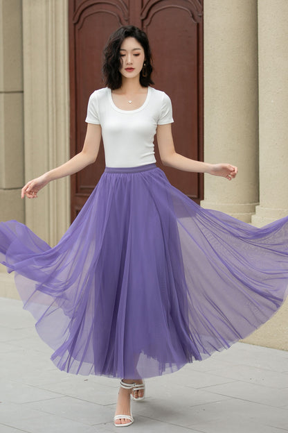 Purple Tulle Midi Skirt - Elastic Waist Boho Circle Swing | Xiaolizi 5111
