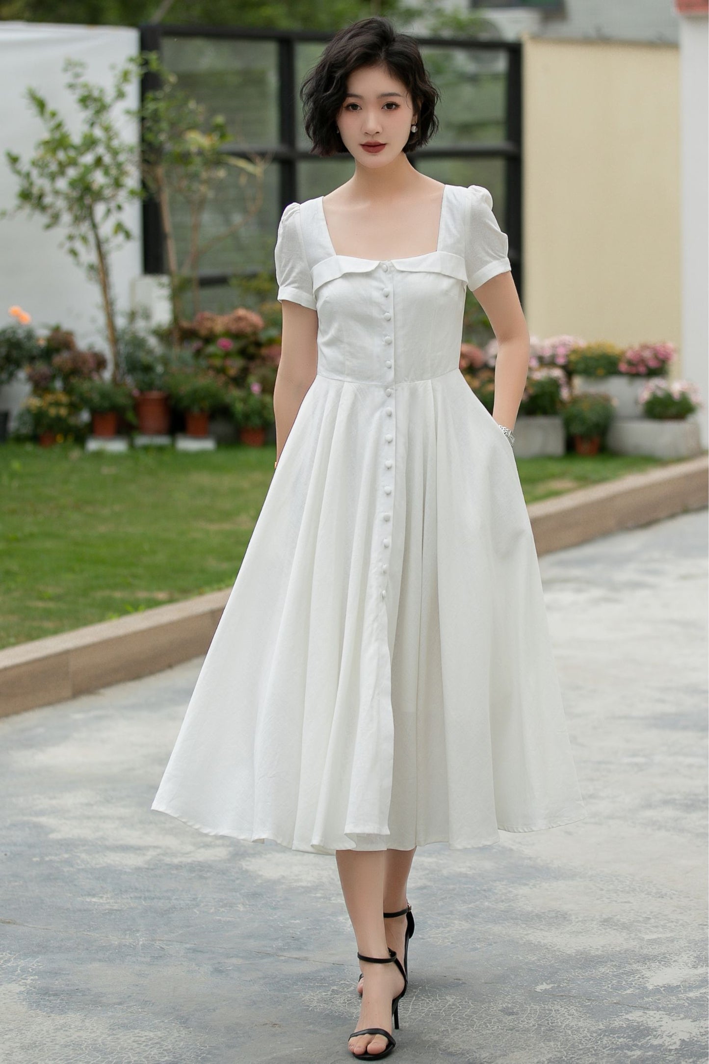 White Linen Midi swing Dress 5980