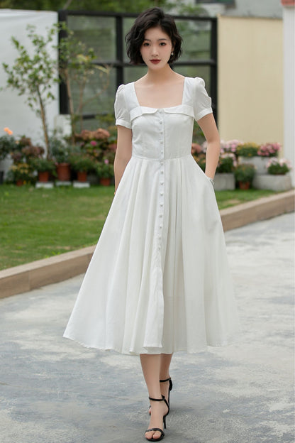 White Linen Midi Swing Dress - Square Neckline with Puff Sleeves 5980