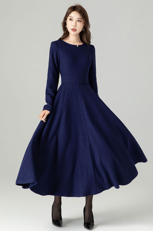 Long sleeves blue maxi wool dress women 4493