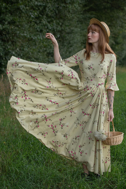 Beige Linen Maxi Dress - Vintage Floral Fit and Flared 3053
