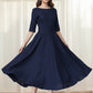 Xiaolizi Navy Linen Dress – Vintage Fit and Flare Midi Dress with Pockets 6654